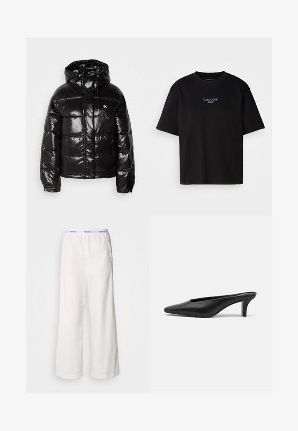 Čierna puffa bunda s lesklým povrchom, so kapucňou, zipsovým uzatváraním a elastickými manžetami. Výrazný logotyp na prsiach.; Čierne bavlnené tričko s okrúhlym výstrihom, krátkymi rukávmi a modrým vyšívaným logom "Calvin Klein JEANS" na prednej strane.; Biele široké nohavice s elastickým pásom, ktoré majú kontrastné logo Calvin Klein. Vyrobené z hladkého materiálu, ponúkajú uvoľnený strih.; Čierne kožené špicaté muly s nízkym stiletto podpätkom. Hladká textúra, minimalistický dizajn a otvorená zadná časť pre jednoduché obúvanie.
