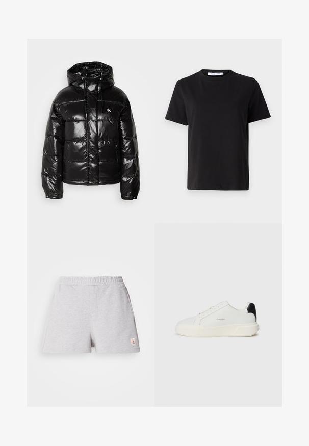 Čierna puffa bunda s lesklým povrchom, so kapucňou, zipsovým uzatváraním a elastickými manžetami. Výrazný logotyp na prsiach.; Čierne tričko s krátkym rukávom vyrobené z mäkkej bavlny, s okrúhlym výstrihom, uvoľneným strihom a hladkou štruktúrou. Žiadne viditeľné vzory ani grafika.; Šedé bavlnené šortky s elastickým pásom, bočnými vreckami a malou logom nášivkou na leme. Mäkká textúra, voľný strih, ležérny dizajn.; Biele tenisky s hladkým koženým zvrškom, okrúlym špičkou, šnurovaním a kontrastným čiernym podošvou. Obsahujú textúrovanú gumovú podrážku.