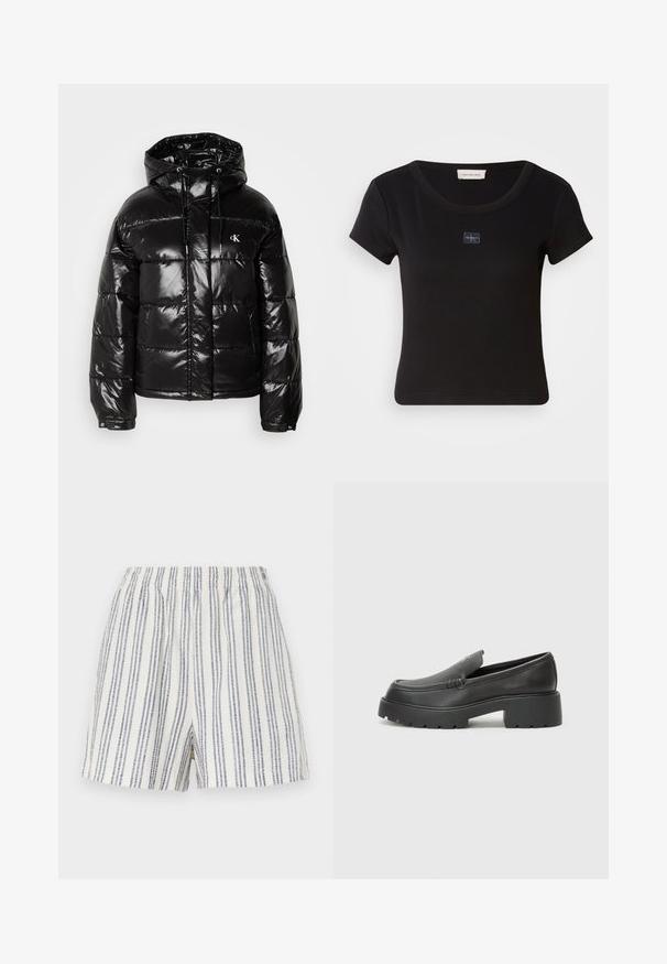 Fekete puffdzseki fényes felülettel, kapucnival, cipzáras záródással és rugalmas mandzsettákkal. Figyelemre méltó logó részlet a mellrészen.; Fekete, rövid ujjú póló bordázott textúrával, kis logó felvarrással a mellkason és kerek nyakkivágással.; Könnyű anyagból készült csíkozott rövidnadrág, függőleges kék és fehér csíkokkal, rugalmas derékkal és laza fazonnal.; Fekete bőr loafer cipők kerek orral, vastag, texturált talppal és minimális varrási részletekkel. Áramvonalas dizájn, látható fűzők vagy fém részek nélkül.