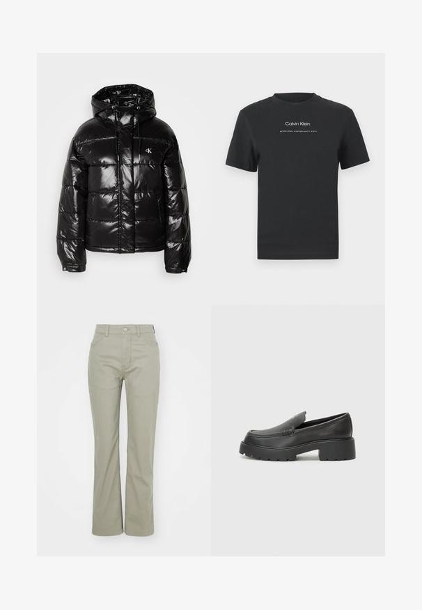 Črna puhovka z sijajno površino, opremljena s kapuco, zadrgo in elastičnimi manšetami. Opazen logotip na prsih.; Črna bombažna majica s krožnim izrezom, kratkimi rokavi in belim potiskanjem logotipa "Calvin Klein" ter besedilom "Ustanovljen 1968".; Svetlo zelene hlače z visokim pasom in ravnim krojem. Imajo klasične žepe in kovinsko zaponko spredaj. Mehka textura tkanine.; Črne usnjene loafers čevlje z zaobljenim nosom, debelim teksturiranim podplatom in minimalnimi šivi. Elegantna zasnova brez vidnih vezalk ali kovinskih delov.