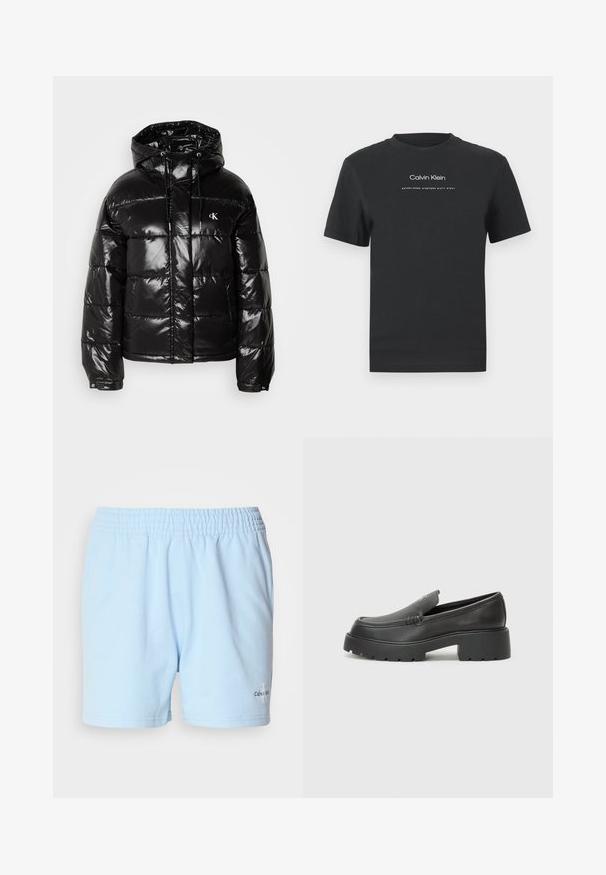 Juodas pūkuotas džemperis su blizgiu paviršiumi, turintis gobtuvą, užtrauktuką ir elastingas rankoves. Ryškus logotipo detalė ant krūtinės.; Juodas medvilninis marškinėliai su apvaliu kaklu, trumpomis rankovėmis ir baltu spausdintu "Calvin Klein" logotipu bei tekstu "Įkurtas 1968".; Šviesiai mėlyni šortai su elastinga juosta, su "Calvin Klein" prekių ženklo logo arti apvado, pateikti neutraliame fone.; Juodi odiniai loaferiai su apvaliu pirštu, storu tekstūruotu padu ir minimaliu siūlių dekoru. Išskirtinis dizainas be matomų raištelių ar furnitūros.