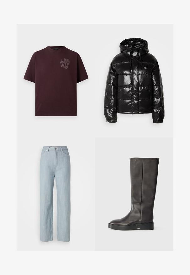 Must musta jope läikiva viimistlusega, kapuutsiga, lukuga ja elastsete mansettidega. Märkimisväärne logo detail rinnal.; Burgundia puuvillane T-särk lühikeste varrukatega, ümmarguse kaelusega ja vasakul rinnal tumedama tooniga peene graafilise logoga.; Heledad sinine sirge säärtega teksapüksid, mis on valmistatud denimkangast. Omab viit taskut, metallist nupuga sulgemist ja õrna kulumist tekstuuri jaoks.; Must muste kõrgusse ulatuv must nahast saapad paksu tallaga ja diskreetse Calvin Kleini logoga ülaääres, nähtud külgedelt.