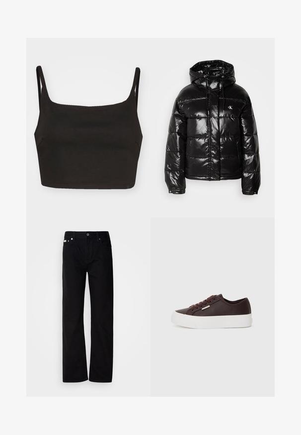 Black puffer jacket with a glossy finish, featuring a hood, zip closure, and elastic cuffs. Notable logo detail on the chest.; Black crop top with thin straps, made from a smooth fabric. Features a straight neckline and minimalist design. No visible patterns or hardware.; Black denim straight-leg pants with five pockets, silver rivets, and a button fly. The fabric has a smooth, slightly textured finish.; Brown leather sneakers with maroon laces and a white rubber sole. Features a smooth texture and subtle branding detail on the side.