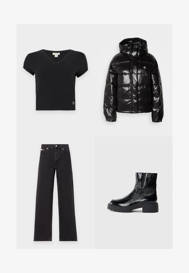 Czarna kurtka puchowa z błyszczącym wykończeniem, z kapturem, zapięciem na zamek błyskawiczny i elastycznymi mankietami. Zauważalny detal z logo na piersi.; Czarnakoszulka z krótkim rękawem i dekoltem w serek, wykonana z prążkowanej tkaniny. Posiada małą, markową metkę na dolnym lewym rogu. Prosty, dopasowany krój.; Czarne dżinsy o szerokich nogawkach, wykonane z denimu, z wysokim stanem, pięcioma kieszeniami oraz metalowym zapięciem z kontrastowym szwem.; Czarne botki sięgające kostki o błyszczące wykończenie z lakierowanej skóry, masywna czarna gumowa podeszwa i podwyższony obcas; zawierają subtelny detal z logo z boku.