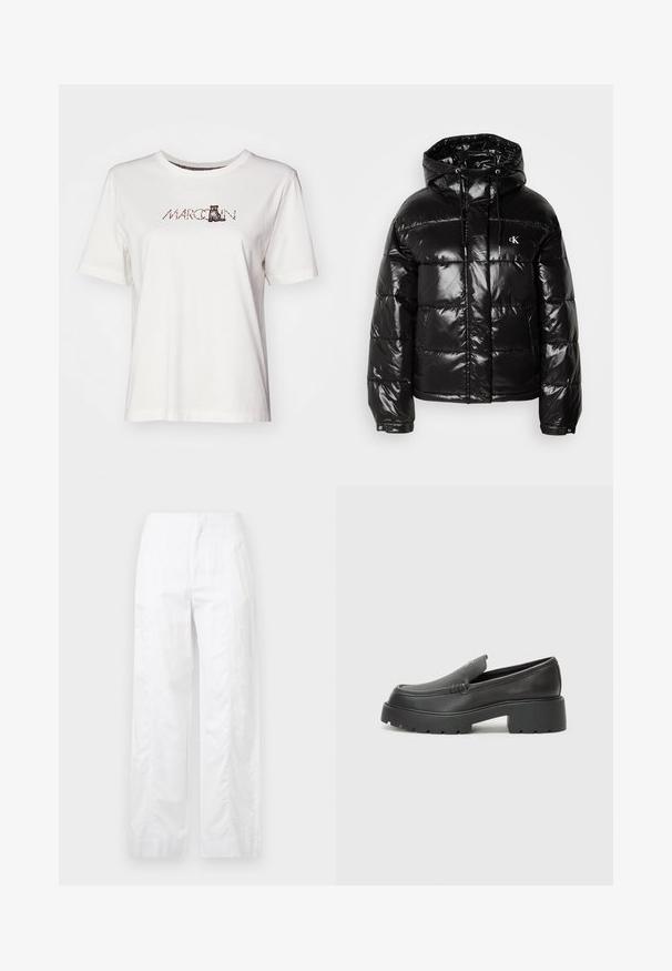 Geacă pufă neagră cu finisaj lucios, dotată cu glugă, închidere cu fermoar și manșete elastice. Detaliu vizibil cu logo pe piept.; Cămașă albă din bumbac cu mâneci scurte, guler tip crew și un design imprimat cu cuvântul "MARCCAIN" și o ilustrație cu o pisică.; Pantaloni albi cu croială largă, fabricați dintr-un material ușor, având o textură netedă, linii curate și un design cu talie înaltă.; Mocasini din piele neagră, cu vârf rotunjit, talpă groasă texturată și detalii minimale de cusătură. Design elegant, fără șireturi sau accesorii vizibile.