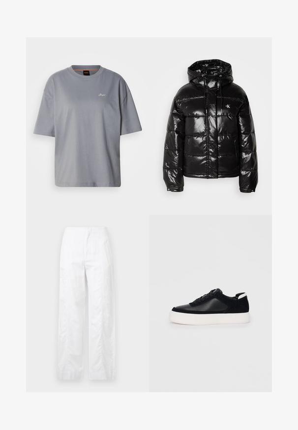 Geacă pufă neagră cu finisaj lucios, dotată cu glugă, închidere cu fermoar și manșete elastice. Detaliu vizibil cu logo pe piept.; Tricou gri cu mânecă scurtă, design lejer, fabricat din bumbac moale, cu un logo minimal alb pe piept, decolteu rotund, textură netedă.; Pantaloni albi cu croială largă, fabricați dintr-un material ușor, având o textură netedă, linii curate și un design cu talie înaltă.; Sneaker negru cu piele netedă și panouri din întăritură, șireturi plate, vârf rotund și talpă din cauciuc alb. Logo distinct pe călcâi.