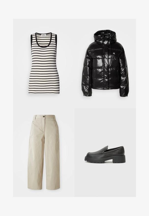 Chaqueta tipo puff negro con acabado brillante, que cuenta con capucha, cierre de cremallera y puños elásticos. Detalle notable del logo en el pecho.; Camiseta sin mangas con franjas horizontales en blanco y negro, textura acanalada y un escote redondeado. Ribete negro en los hombros y el escote.; Pantalones anchos de tiro alto en color beige con cierre de botón y cremallera, trabillas para cinturón y bolsillos laterales, exhibidos sobre un fondo blanco.; Mocasines de piel negra con punta redondeada, suela texturizada gruesa y mínimos detalles de costura. Diseño elegante sin cordones o herrajes visibles.