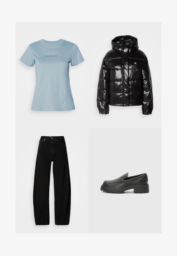 Svart boblejakke med blank overflate, med hette, glidelås og elastiske mansjetter. Utpreget logo detalj på brystet.; Lyseblå bomull T-skjorte med rund hals, korte ermer, og svart tekst "Calvin Klein Jeans" med "ETABLERT NITTENDE SYTTIÅTTE" under.; Svarte denimbukser med bred benvidde og høy midje, med knappestolpe, fem lommer og minimale sømdetaljer.; Sorte skinnloafers med rund tå, tykk teksturert såle og minimale sømdetaljer. Strømlinjeformet design uten synlige snørebånd eller hardvarer.
