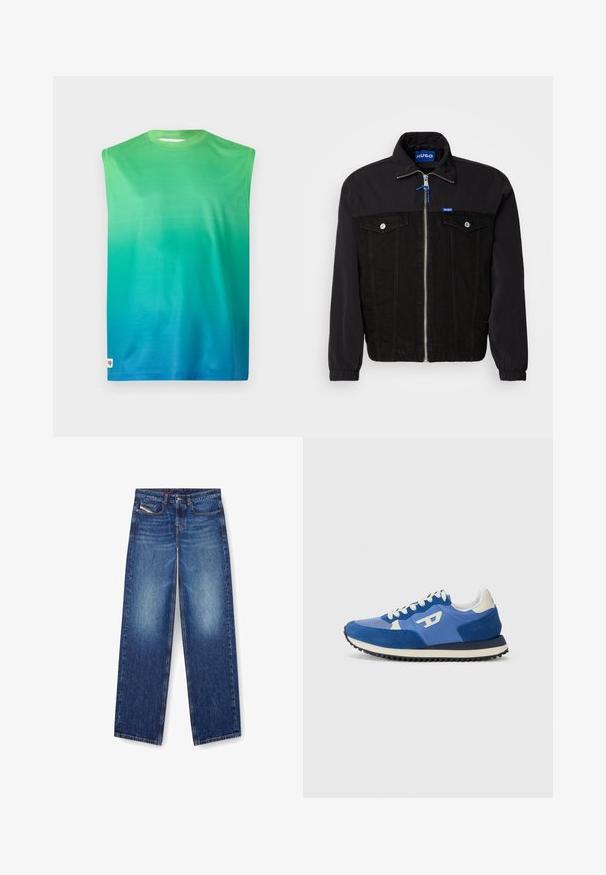 Must värviline jakk, millel on denimi alumine osa ja nailon ülemine osa. Esiosal on tõmblukk, kaks rinnaTaskut ja elastsed mansetid. Krael on logo silt.; Järvavaba T-särk rohelise ja sinise gradientmeres. Valmistatud sujuvast kangast, ümarat kaelaava ja ilma nähtava riistvarata.; Sinine teksariie sirge sääre disainiga, esi-taskutega ja lukuga. Reite pehmed alad suurendavad tekstuuri.; Sinine spordijalats, kus on kasutatud suède ja võrgumaterjale, ümmargune varvas, valged paelad ja must kummist välistald, millel on mustriline tugevdamine.