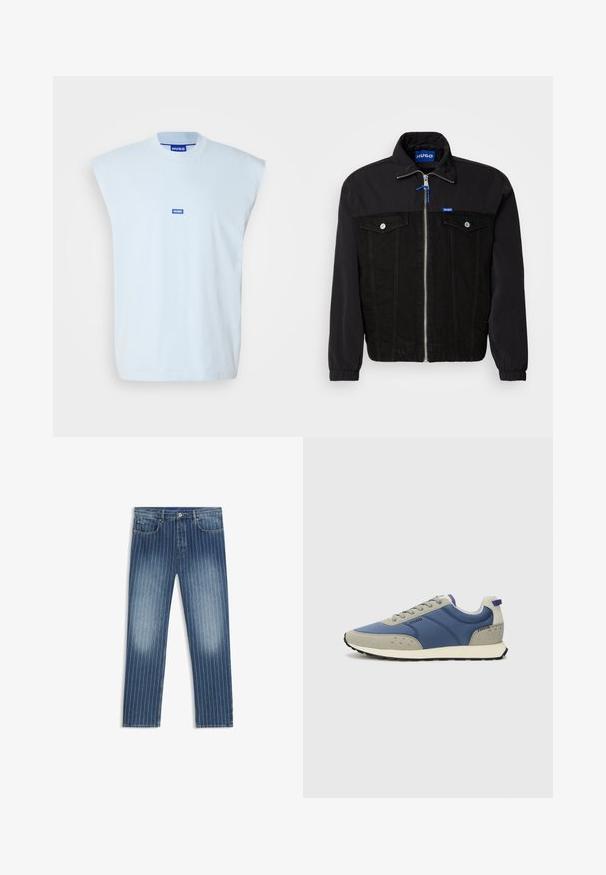 Zwarte jack met een denim ondergedeelte en een bovenstuk van nylon. Voorkant met ritssluiting, twee borstzakken en elastische manchetten. Logo-label op de kraag.; Lichtblauw zonder mouwen T-shirt gemaakt van katoen, met een ronde halslijn en een gecentreerd blauw logo label voor merkidentificatie.; Denim jeans met een streepjespatroon, middelblauwe kleur, vervaagde delen, rechte pijpen, vijf zakken en een metalen knoopsluiting.; Sport sneakers hebben een bovenwerk van blauwe synthetische stof met grijze accenten, textuurdetails, vetersluiting en een zwarte rubberen zool.