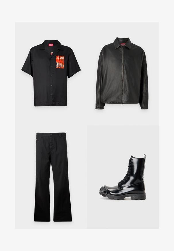 Giubbotto in pelle nera con zip frontale, colletto classico e maniche lunghe. Presenta cuciture minime e un design dalla vestibilità comoda.; Camicia nera a maniche corte realizzata in tessuto liscio, con una grafica rossa e arancione "SLOW BURN" sul lato sinistro e un design classico del colletto.; Pantaloni dritti in cotone neri con chiusura a bottone. Presentano tasche laterali e un design minimalista senza motivi o dettagli visibili.; Stivale da combattimento in pelle verniciata nera con finitura lucida, design con lacci, suola spessa in gomma e dettagli hardware distintivi nella parte anteriore.