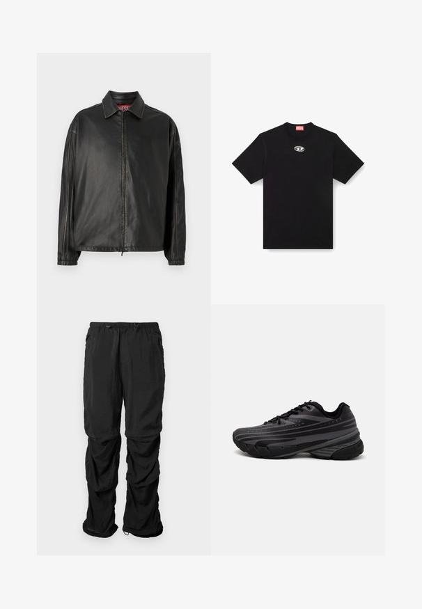 Crna kožna jakna sa prednjim zatvaračem, klasičnim okovratnikom i dugim rukavima. Ima minimalno šivanje i opušteni kroj.; Crna pamučna majica s okruglim izrezom i kratkim rukavima. Ima mali, srebrni logo izvezen na prednjem dijelu.; Crne trenirke od laganog materijala imaju elastičnu struk, podesive vezice i bočne džepove te opušteni kroj.; Crna tenisica za trčanje s teksturiranim gornjim dijelom koji ima sive pruge. Debeli potplat za amortizaciju, okrugli vrh i ravne vezice za sigurno pristajanje.