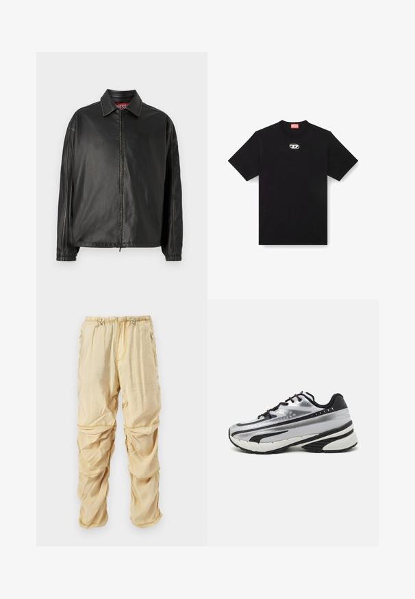 Juoda odinė striukė su priekine užtrauktuku, klasikinio tipo apykakle ir ilgomis rankovėmis. Išsiskiria minimaliais siūlais ir laisvu siluetu.; Juodas medvilninis marškinėlis su apvaliu iškirpimu ir trumpomis rankovėmis. Priekyje centre yra maža sidabrinė logotipo siuvinėjimas.; Šviesiai smėlinės spalvos nailoniniai cargo kelnės su reguliuojamomis raišteliais juosmeniui ir užtrauktukais kišenėse, sukurti su surauktomis, sluoksniuotomis audinio detalėmis.; Bėgimo bateliai su sidabriniu tinkliniu viršumi, juodais akcentais ir balta padu. Pasižymi tekstūruotu dizainu ir juodais raišteliais. Lengvi ir paminkštinti.