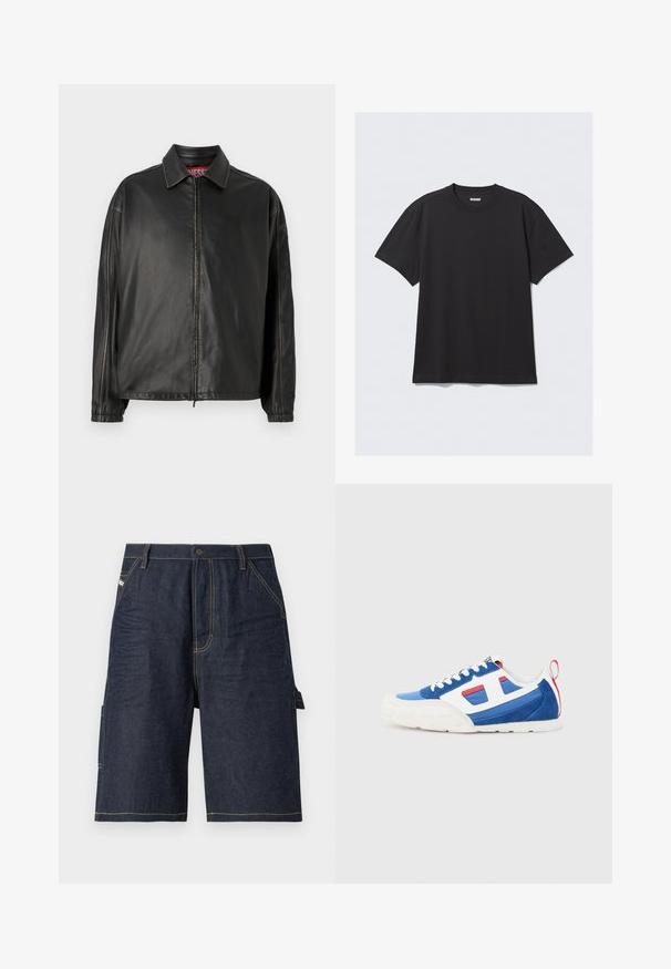 Czarna skórzana kurtka z zamkiem błyskawicznym z przodu, klasycznym kołnierzem i długimi rękawami. Charakteryzuje się minimalnym przeszyciem i luźnym krojem.; Czarna koszulka z krótkim rękawem wykonana z bawełny. Posiada okrągły dekolt i luźny krój. Prosty design, bez widocznych wzorów czy akcentów.; Granatowe szorty dżinsowe z prostym krojem, pięcioma kieszeniami, żółtymi detalami szwu oraz boczną kieszenią dla dodatkowej funkcjonalności.; Niebieskie i białe buty sportowe z teksturowaną cholewką z zamszu i siateczki, z czerwonymi akcentami i kontrastującą białą podeszwą.