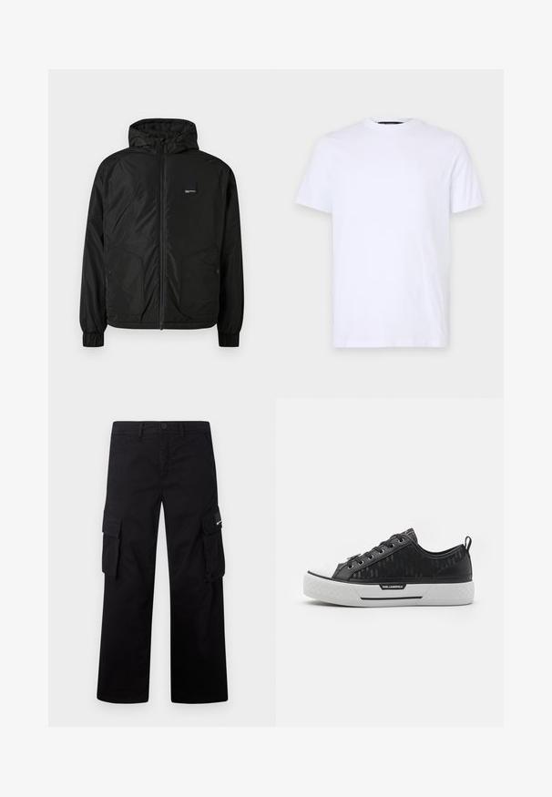 Μαύρο φερμουάρ μπουφάν με κουκούλα και ελαστικούς καρπούς, δύο μπροστινές τσέπες με κουμπιά και μια μικρή ορθογώνια ετικέτα λογότυπου στο αριστερό στήθος.; Λευκό βαμβακερό t-shirt με κοντά μανίκια, στρογγυλή λαιμόκοψη, με διακριτό ανάγλυφο λογότυπο στο αριστερό στήθος, λεία υφή.; Μαύρο cargo παντελόνι από ανθεκτικό ύφασμα, με ευθεία γραμμή, πλαϊνές τσέπες και κλείσιμο με κουμπί.; Μαύρο χαμηλό sneaker με καμβά με σχέδιο, λευκό καπάκι από καουτσούκ στη μύτη, υφή σόλας και λογότυπο στη πλευρά. Μεταλλικές οπές για τα κορδόνια.