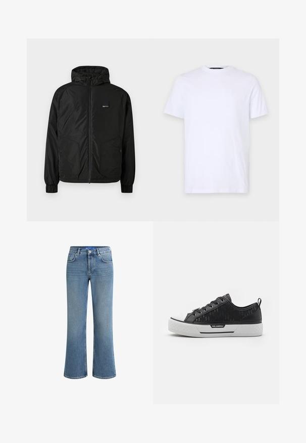 Svart zip-up hettejakke med elastiske mansjetter, to frontlommer med knapp og en liten rektangulær logo-patch på venstre bryst.; Hvit bomull t-skjorte med korte ermer, rund hals, med en subtil preget logo på venstre bryst, glatt tekstur.; Lyseblå denim flared jeans med mid-rise liv, fem lommer, og en subtil teksturert overflate, med en standard knappelukking.; Svart lave sneakers med mønstret kanvas-overdel, hvit gummitoe-kappe, teksturert såle og logo-aksent på siden. Metalløye for snøring.