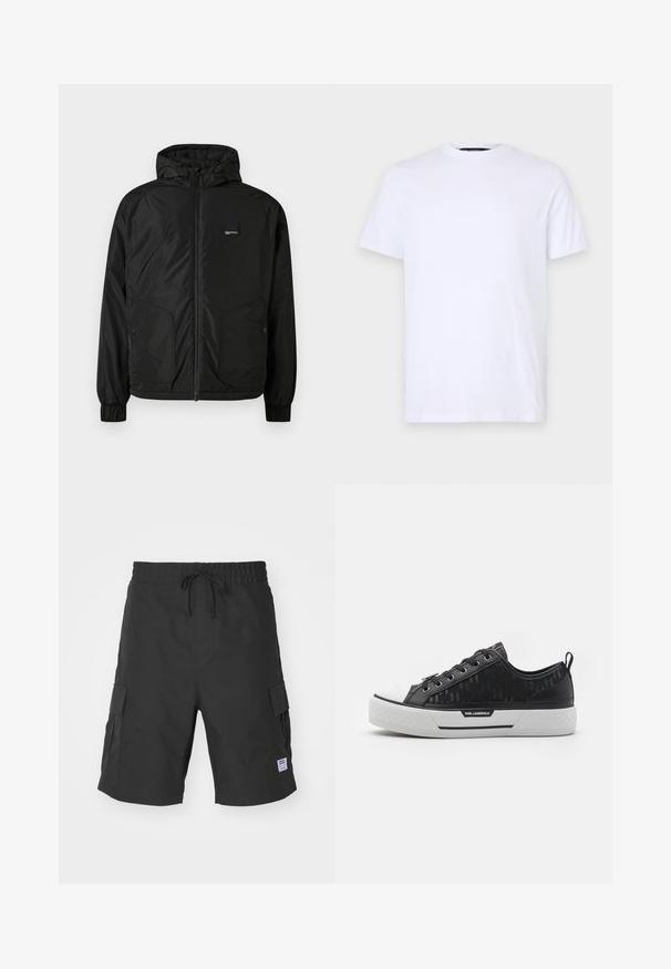 Black zip-up hooded jacket with elastic cuffs, two front buttoned pockets, and a small rectangular logo patch on the left chest.; White cotton t-shirt with short sleeves, round neckline, featuring a subtle embossed logo on the left chest, smooth texture.; Black cargo shorts made of durable fabric, featuring an elastic waistband with drawstring, side pockets, and a patch label accent.; Black low-top sneaker with patterned canvas upper, white rubber toe cap, textured sole, and logo accent on the side. Metal eyelets for laces.