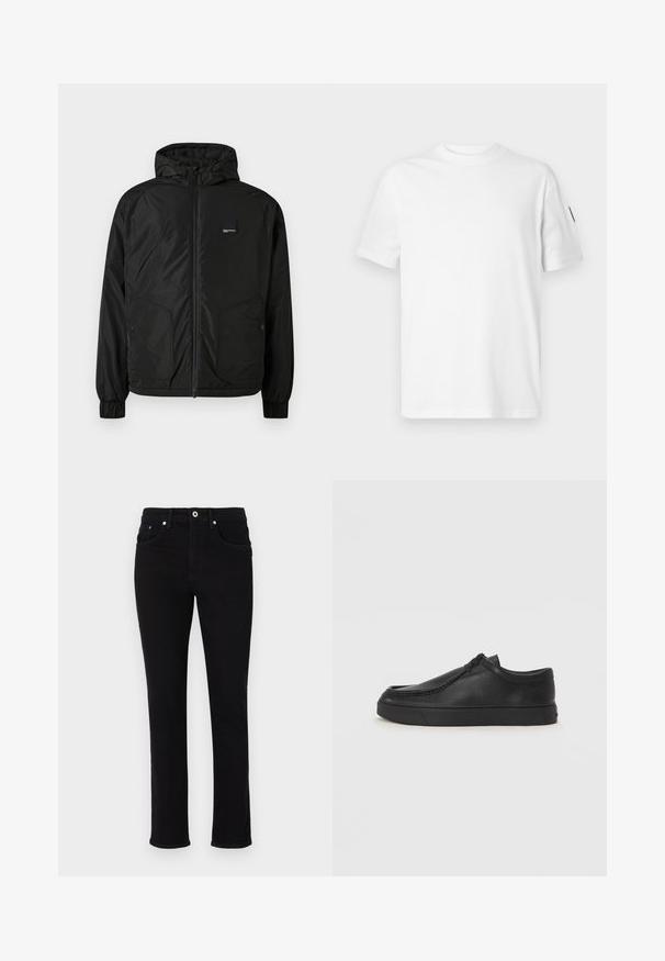 Μαύρο φερμουάρ μπουφάν με κουκούλα και ελαστικούς καρπούς, δύο μπροστινές τσέπες με κουμπιά και μια μικρή ορθογώνια ετικέτα λογότυπου στο αριστερό στήθος.; Λευκό βαμβακερό t-shirt με κοντά μανίκια και στρογγυλή λαιμόκοψη. Διαθέτει ένα μικρό μαύρο λογότυπο στο αριστερό μανίκι. Λείος υφή, κανονική εφαρμογή.; Μαύρα τζιν παντελόνια με εφαρμοστό σχέδιο, στιλ πέντε τσεπών, κλείσιμο με μεταλλικό κουμπί και ραφές κατά μήκος των ραφών.; Μαύρο δερμάτινο παπούτσι slip-on με στρογγυλή μύτη, ραφές και μαύρη καουτσούκ σόλα. Λείο υλικό με μινιμαλιστικό σχέδιο.