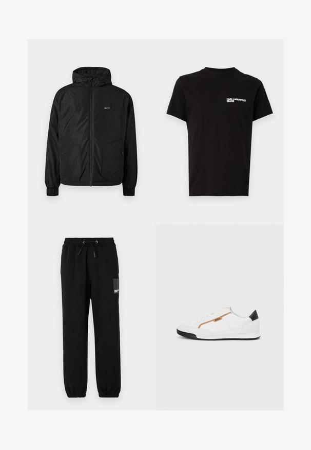 Melnā zip-up kapucēta jaka ar elastīgām piedurknēm, divām priekšējām kabatām ar pogām un mazu taisnstūrveida logo uz kreisā krūtīm.; Melna kokvilnas T-krekls ar apaļu kakla izgriezumu un īsām piedurknēm. Izteikta balta logotipa teksts kreisajā krūtīs. Vienkāršs dizains.; Melni sporta bikses ar elastīgu jostasvietu un auklu, ar krokotām piedurknēm un mazu logo kreisajā priekšpusē. Gluda auduma tekstūra.; Baltijas krāsā baltas sporta kurpes ar acu un ādas akcentiem. Iezīmējas ar zelta "BOSS" logo, teksturētām sānu paneļiem un melnu papēža kapu. Gumijas zole.