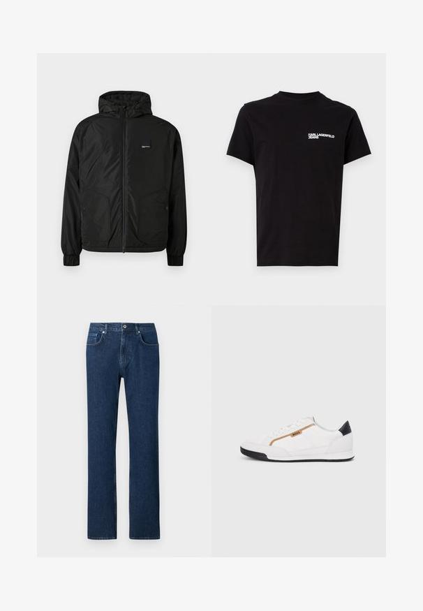 Svart zip-up huva jacka med elastiska manschetter, två framfickor med knappar och en liten rektangulär logotyp på vänster bröst.; Svart t-shirt i bomull med rund halsringning och korta ärmar. Framträdande vit logotext på vänster bröstområde. Enkelt design.; Mörkblå denimjeans med rak passform, med knappknäppning fram, bälteshällor och standard fickdesign.; Vita sportskor i vitt med inslag av nät och läder. Har en gyllene "BOSS"-logotyp, texturerade sidopaneler och en svart hälkap. Gummisula.