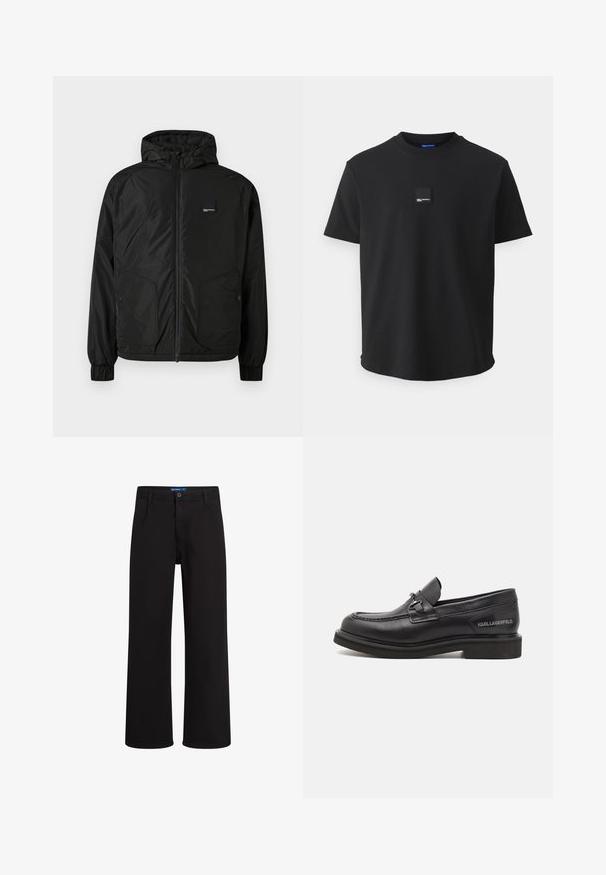 Must mustaga pusa, millel on elastsed mansetid, kaks esist nuppudega taskut ja väike ristkülikukujuline logo märk vasakul rinnal.; Must musta T-särk ümmarguse kaelusega, lühikeste varrukatega ja väikese ruudukujulise logopatchiga vasakul rinnal. Pehme tekstuur. Tavaline kärp.; Mustad sirged püksid, millel on nööp ja tõmblukk, vöökohas silmad ning küljetaskud, esitatud valge tausta taustal.; Mustad mustad nahast loafers, ümarate varvastega, sadulapaelaga ja hõbedaste aksessuaaridega. Omab tekstuurset ülemist osa ja logodetaili kandadel.