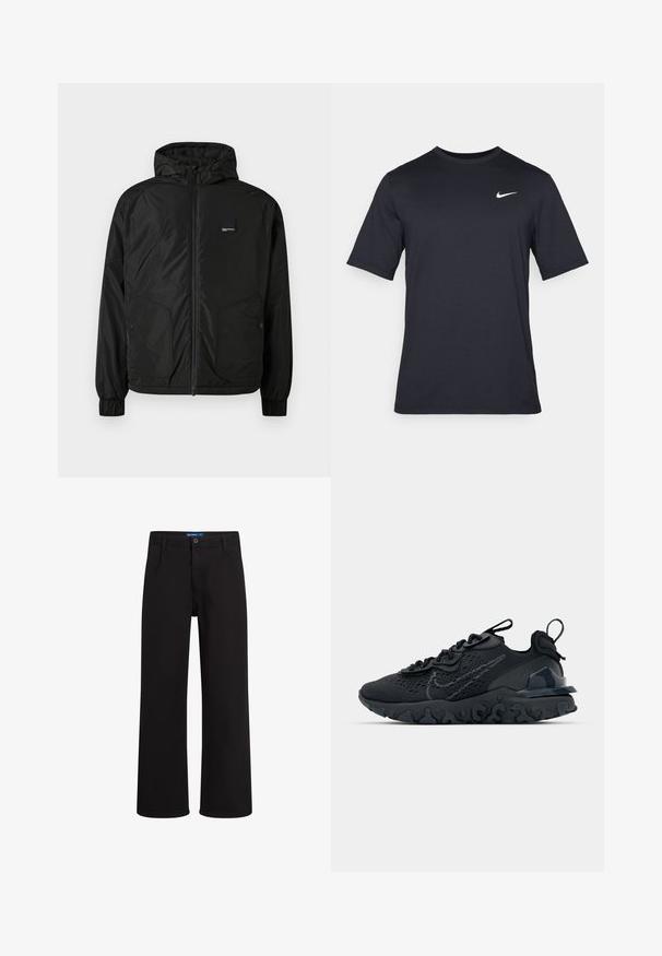 Černá mikina na zip s kapucí, elastickými manžetami, dvěma předními kapsami na knoflíky a malou obdélníkovou nášivkou na levém prsu.; Černé triko Nike s krátkým rukávem vyrobené z hladké látky, s bílým logem swoosh na horní levé straně, klasický kulatý výstřih.; Černé kalhoty rovného střihu s knoflíkovým a zipovým zapínáním, poutky na opasek a bočními kapsami, vystavené na bílém pozadí.; Černá sportovní bota s prodyšným síťovaným svrškem, texturovanými akcenty a vlnkovou gumovou podrážkou. Obsahuje reflexní logo a systém šněrování.