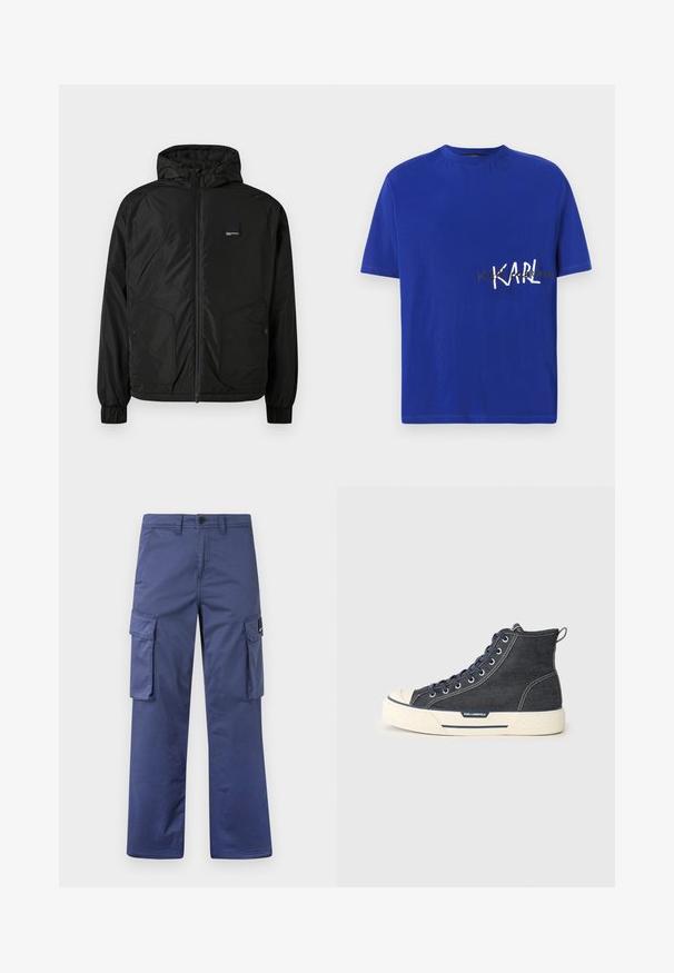 Juodas užtrauktuku užsegamas gobtuvu švarkas su elastinėmis rankovėmis, dviem priekinėmis mygtukinėmis kišenėmis ir mažu stačiakampiu logotipo ženklu kairėje krūtinės pusėje.; Mėlynas medvilninis marškinėliai su apvalia iškirpte. Yra balta užrašas "KARL" ir papildomas auksinis tekstas, trumpomis rankovėmis ir įprasto kirpimo.; Tamsiai mėlynos cargo kelnės pagamintos iš tvirto audinio, su šoninėmis kišenėmis, tiesaus kirpimo dizainu ir sagčių užsegimu juosmens srityje.; Aukštos sportinės bateliai iš tamsios džinsinio audinio su grietinėlės spalvos guma patogu, turi jūros mėlynos spalvos raištelius ir užpakalinį kilpelę. Logotipas šone.