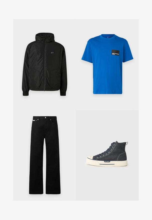 Czarna rozpinana bluza z kapturem, z elastycznymi mankietami, dwoma przednimi kieszeniami zapinanymi na guziki oraz małą prostokątną naszywką z logo na lewej piersi.; Niebieska bawełniana koszulka z okrągłym dekoltem, krótkimi rękawami, z czarną kwadratową kieszenią z białym napisem logo. Gładka tekstura.; Czarne dżinsowe spodnie o szerokim kroju, z pięcioma kieszeniami i metalowymi guzikami. Gładka tekstura, bez widocznych wzorów.; Wysokie sneakersy wykonane z ciemnego dżinsu z kremową gumową podeszwą, z granatowymi sznurówkami i pętelką z tyłu. Logo po boku.
