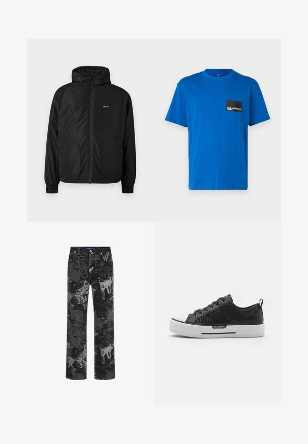 Black zip-up hooded jacket with elastic cuffs, two front buttoned pockets, and a small rectangular logo patch on the left chest.; Blue cotton t-shirt with a round neckline, short sleeves, featuring a black square pocket with white logo text. Smooth texture.; Black denim pants featuring a graffiti-style pattern in shades of gray. Straight leg design with a classic five-pocket structure and metal hardware.; Black low-top sneaker with patterned canvas upper, white rubber toe cap, textured sole, and logo accent on the side. Metal eyelets for laces.