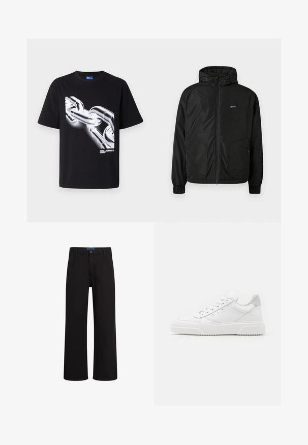 Melnā zip-up kapucēta jaka ar elastīgām piedurknēm, divām priekšējām kabatām ar pogām un mazu taisnstūrveida logo uz kreisā krūtīm.; Melna kokvilnas T-kreklu ar baltu grafiku, kurā attēlota ķēde un teksts "KARL LAGERFELD JEANS" modernā, treknā fontā apakšā.; Melni taisnie bikses ar pogu un rāvējslēdzēju, jostu cilpiņām un sānu kabatām, izliktas uz baltas fona.; Baltie ādas sporta apavi ar gludu virsmu, noapaļotu purngalu, plakaniem šņorēm un reljefa zoli. Pelēks zamšādas akcenti pie papēža.