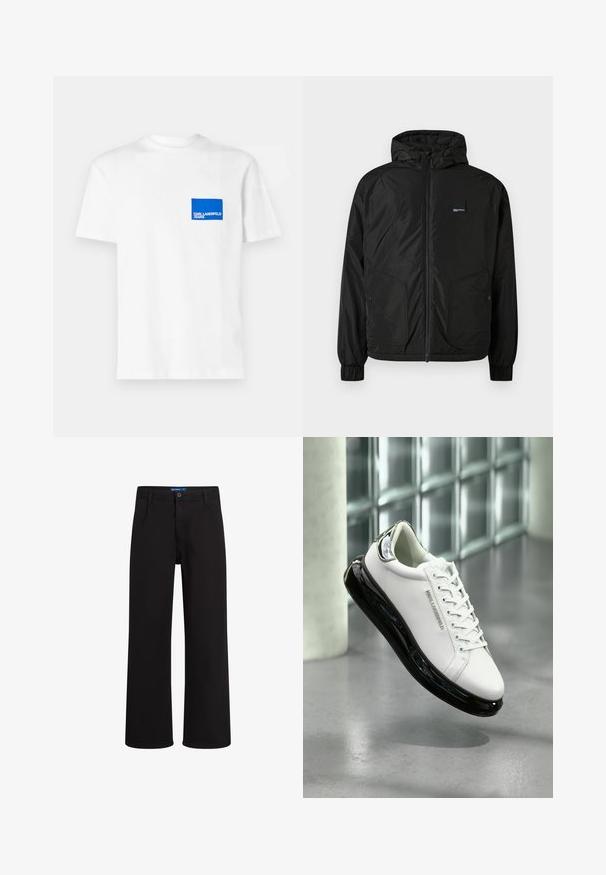 Svart zip-up hettejakke med elastiske mansjetter, to frontlommer med knapp og en liten rektangulær logo-patch på venstre bryst.; Hvit bomulls T-skjorte med et blått rektangulært logo-patch på venstre bryst med teksten "KARL LAGERFELD JEANS". Rund hals-design.; Sorte rettbente bukser med knapp- og glidelås lukking, beltehemper og sidelommer, vist mot hvit bakgrunn.; Hvite lær sneakers med svart gummisåle og gjennomsiktige detaljer. Har snøring og preget logo, plassert mot en grå gulv.
