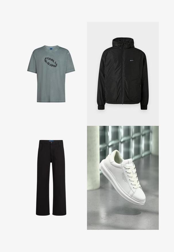 Juodas užtrauktuku užsegamas gobtuvu švarkas su elastinėmis rankovėmis, dviem priekinėmis mygtukinėmis kišenėmis ir mažu stačiakampiu logotipo ženklu kairėje krūtinės pusėje.; Šviesiai žalia medvilninė marškinėlių palaidinė su laisvu pritaikymu. Priekyje puikuojasi juodas ovalus logotipas su užrašu "KARL LAGERFELD" krūtinės srityje. Trumpomis rankovėmis.; Juodos tiesios kojos kelnės su mygtuko ir užtrauktuko uždarymu, diržo kilpos ir šoninės kišenės, pateiktos prieš baltą foną.; Baltas Karl Lagerfeld sportbačių su raišteliais, iškilmingas logotipas šone ir ant kulno, pakabintas virš pilkos grindų modernaus stiklo sienomis kambario.