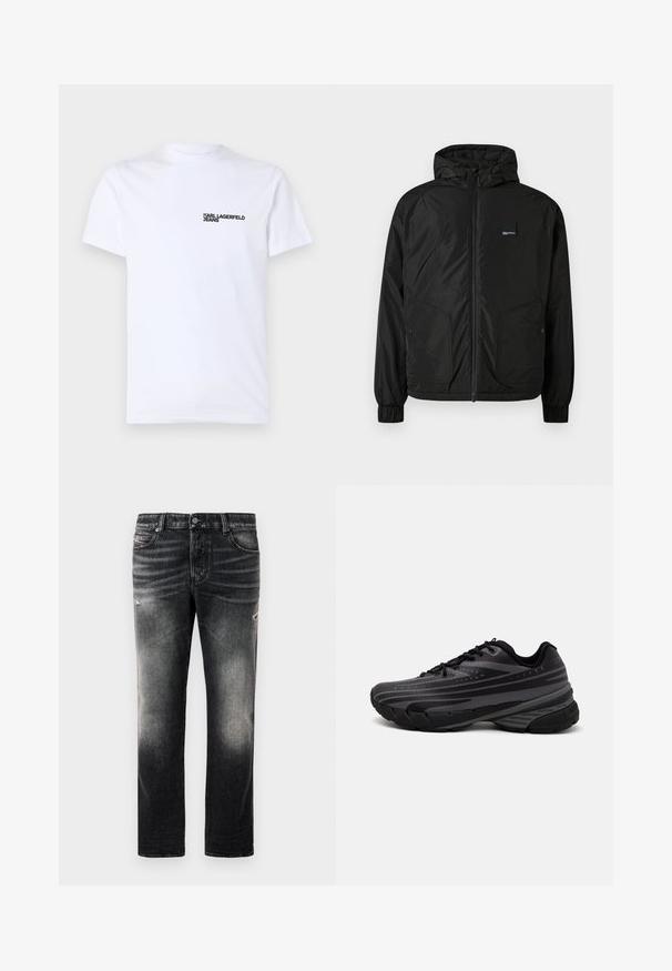 Black zip-up hooded jacket with elastic cuffs, two front buttoned pockets, and a small rectangular logo patch on the left chest.; White cotton t-shirt featuring short sleeves, a crew neckline, and a black "KARL LAGERFELD JEANS" logo on the left chest area.; Black jeans featuring a faded finish with distressed accents, standard five-pocket design, and a zip-fly closure. Made of denim fabric.; Black running shoe with a textured upper featuring gray stripes. Thick sole for cushioning, round toe, and flat laces for secure fit.
