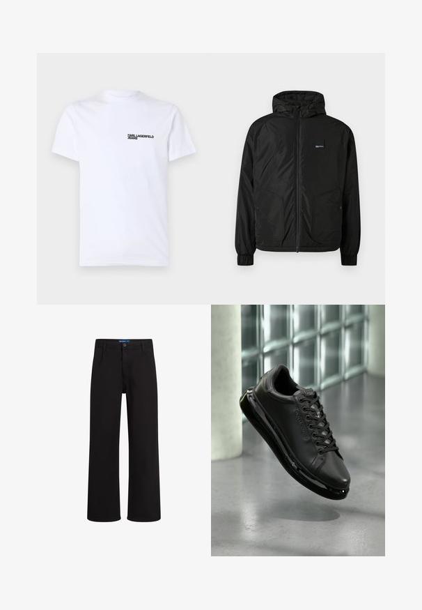 Fekete, cipzáros kapucnis dzseki rugalmas mandzsettákkal, két elülső gombos zsebbel és egy kisebb téglalap alakú logóval a bal mellen.; Fehér pamut póló, rövid ujjakkal, kerek nyakkivágással és fekete "KARL LAGERFELD JEANS" logóval a bal mellrészen.; Fekete egyenes szabású nadrág gombos és cipzáros záródással, övhurkokkal és oldalsó zsebekkel, fehér háttér előtt bemutatva.; Fekete bőr sportcipő, fűzős dizájnnal, párnázott talppal és fényvisszaverő részletekkel. A cipő egy sima felület felett lebeg.