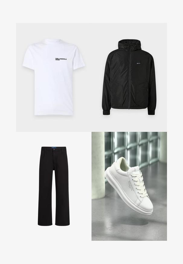 Černá mikina na zip s kapucí, elastickými manžetami, dvěma předními kapsami na knoflíky a malou obdélníkovou nášivkou na levém prsu.; Bílá bavlněná tričko s krátkými rukávy, kulatým výstřihem a černým logem "KARL LAGERFELD JEANS" na levé části hrudi.; Černé kalhoty rovného střihu s knoflíkovým a zipovým zapínáním, poutky na opasek a bočními kapsami, vystavené na bílém pozadí.; Bílé tenisky Karl Lagerfeld s tkaničkami, vyražené logo na boku a patě, zavěšené nad šedou podlahou v moderní místnosti se skleněnými stěnami.