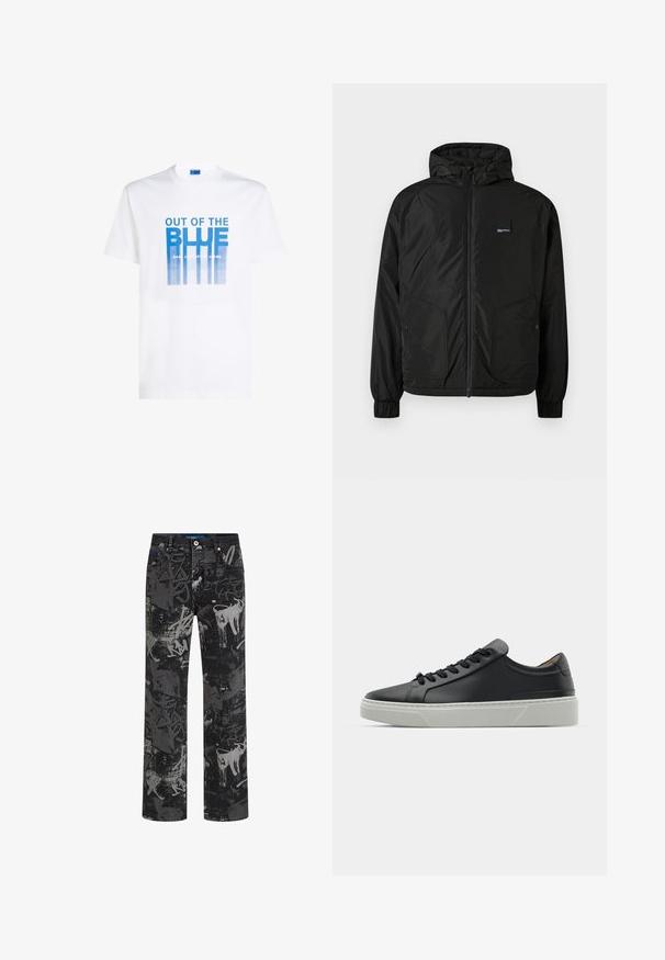 Black zip-up hooded jacket with elastic cuffs, two front buttoned pockets, and a small rectangular logo patch on the left chest.; White cotton t-shirt featuring a blue graphic print with the text "OUT OF THE BLUE" and vertical lines. Round neckline, short sleeves.; Black denim pants featuring a graffiti-style pattern in shades of gray. Straight leg design with a classic five-pocket structure and metal hardware.; Black leather sneaker with a smooth texture, round toe, and black laces. Features a thick, white rubber sole with subtle geometric accents.