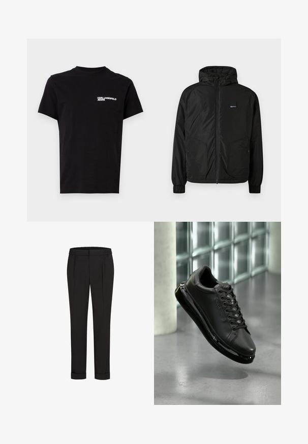 Jachetă cu fermoar neagră, cu glugă, manșete elastice, două buzunare frontale cu nasturi și un mic patch rectangular cu logo pe partea stângă a pieptului.; Tricou negru din bumbac, cu guler rotund și mâneci scurte. Textul logo alb este vizibil pe zona stângă a pieptului. Design simplu.; Pantaloni negri cu talie elastică, având un design cu picioare drepte și manșete suflecate. Realizați dintr-un material neted, țesut, fără modele.; Adidași negri din piele, cu sistem de șireturi, având oTalpă cozmetizată și accente reflectorizante. Pantoful levitează deasupra unei suprafețe netede.