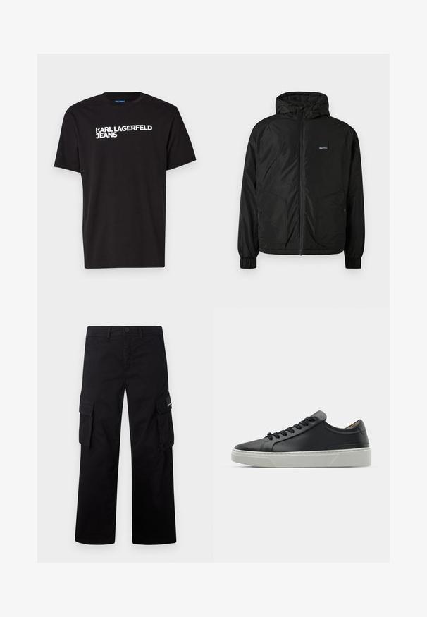 Melnā zip-up kapucēta jaka ar elastīgām piedurknēm, divām priekšējām kabatām ar pogām un mazu taisnstūrveida logo uz kreisā krūtīm.; Melnas kokvilnas T-krekls ar īsām piedurknēm un apļveida kakla izgriezumu, ar baltu tekstu "KARL LAGERFELD JEANS" diagonāli pāri priekšai.; Melnas cargo bikses, kas izgatavotas no izturīga auduma, ar taisnu kāju dizainu, sānu kabatām un pogu aizdari.; Melnas ādas sporta kurpes ar gludu tekstūru, apaļu purngalu un melnām auklām. Iezīmē biezs, balts gumijas zole ar smalkiem ģeometriskiem akcentiem.