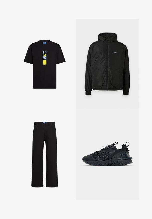 Sort zip-up hættejakke med elastiske manchetter, to frontlommer med knaplukning og et lille rektangulært logo-patch på venstre bryst.; Sort bomulds T-shirt med rund hals. Foran har den et vertikalt grafisk design, der kombinerer blå, gul og sorte elementer.; Sorte lige bukser med knap- og lynlåslukning, bæltestropper og sidelommer, præsenteret mod en hvid baggrund.; Sort atletisk sko med en åndbar mesh-overdel, teksturerede detaljer og en bølget gummisål. Har reflekterende logo og snørresystem.