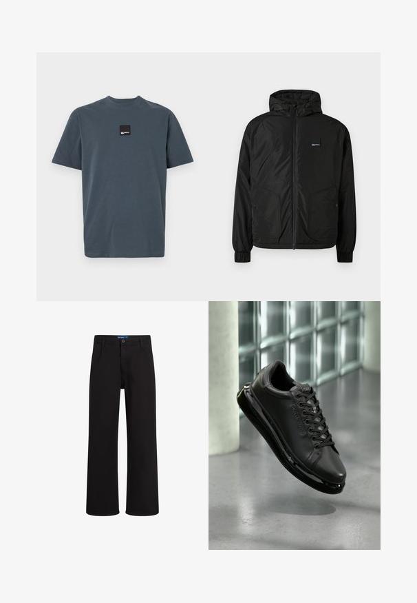 Svart zip-up hettejakke med elastiske mansjetter, to frontlommer med knapp og en liten rektangulær logo-patch på venstre bryst.; Mørk grå kortermet t-skjorte laget av bomull med rund hals. Har et lite svart firkantet merke på brystet. Myk tekstur.; Sorte rettbente bukser med knapp- og glidelås lukking, beltehemper og sidelommer, vist mot hvit bakgrunn.; Svart lær sneaker med snøring, som har en polstret såle og reflekterende detaljer. Skoen svever over en glatt overflate.