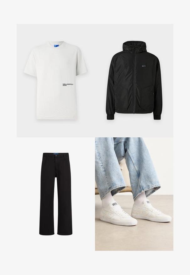 Chaqueta con capucha negra de cremallera, con puños elásticos, dos bolsillos frontales con botones y un pequeño parche rectangular del logo en el lado izquierdo del pecho.; Camiseta de algodón blanca con cuello redondo y mangas cortas. Presenta un logo impreso "KARL LAGERFELD JEANS" en negro en el lado izquierdo.; Pantalones rectos negros con cierre de botón y cremallera, presillas para cinturón y bolsillos laterales, exhibidos sobre fondo blanco.; Zapatillas blancas hechas de materiales texturizados con acentos de costura, que presentan un diseño de cordones y un logo en la lengüeta, llevadas con jeans de mezclilla.