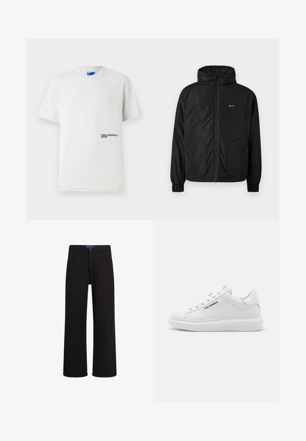 Schwarze Zip-Up Kapuzenjacke mit elastischen Bündchen, zwei vorderen Knöpftaschen und einem kleinen rechteckigen Logopatch auf der linken Brust.; Weißes Baumwoll-T-Shirt mit Rundhalsausschnitt und kurzen Ärmeln. Es zeigt ein gedrucktes Logo "KARL LAGERFELD JEANS" in Schwarz auf der linken Seite.; Schwarze gerade geschnittene Hosen mit Knopf- und Reißverschluss, Gürtelschlaufen und Seitentaschen, vor weißem Hintergrund präsentiert.; Weißer Sneaker aus glattem Leder mit geprägtem Muster. Verfügt über eine runde Zehenpartie, Schnürung vorne und strukturierten Sohle. Silbernes Logo-Detail an der Seite.