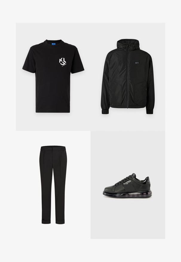 Fekete, cipzáros kapucnis dzseki rugalmas mandzsettákkal, két elülső gombos zsebbel és egy kisebb téglalap alakú logóval a bal mellen.; Fekete pamut póló, fehér grafikával a bal mellrészen. Kerek nyakú, rövid ujjú és klasszikus fazonú.; Fekete nadrág, elasztikus derékpánttal, egyenes szárú kivitelben és felhajtott szárakkal. Simább, szőtt anyagból készült, minták nélkül.; Fekete sportcipő sima bőr felsőrésszel, kerek orral és fűzős dizájnnal. Átlátszó, párnázott talppal rendelkezik, sötét árnyalatú átmenettel.