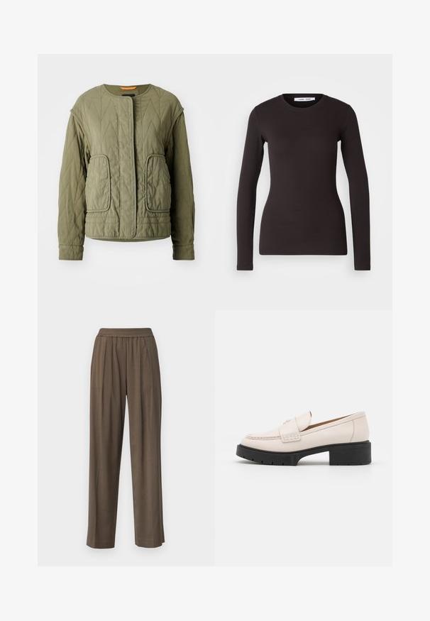 Olivno zelena jakna s prešitim vzorcem, okroglim ovratnikom, sprednjima žepoma in gladko teksturo. Ima šivano vzorčenje v obliki diamanta in zadrgo po celotni dolžini.; Črna majica z dolgimi rokavi, izdelana iz mehke, raztegljive tkanine. Ima okroglo izrez in ozko prileganje z gladko teksturo ter brez vidnih vzorcev.; Rjave široke hlače z elastičnim pasom in sprednjimi pregibi, izdelane iz gladkega materiala, ki nudijo sproščen kroj.; Svetlo bež usnjeni loaferji z šivanim sprednjim delom in teksturiranim črnim podplatom. Imajo ukrivljen dizajn in drobno dvigovanje.