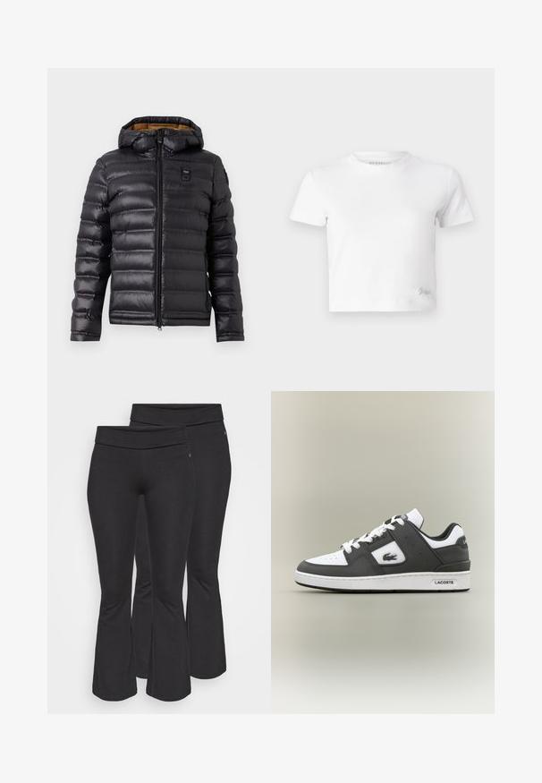 Black puffer jacket with a hood, featuring a quilted design, front zipper, and contrasting brown lining. Includes logo on the chest.; White cropped t-shirt made of smooth cotton, featuring a high neckline and short sleeves. Small embroidered logo in the bottom corner.; Black flared pants made of stretchy material, featuring a wide waistband and smooth texture, suitable for casual or active wear.; Black and white Lacoste sneaker with white laces, perforated toe, crocodile logo on side, and branded sole on a neutral background.