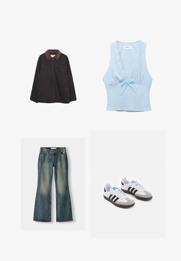 Tmavá, mäkká bunda s kordovou golierom, zipsovým uzáverom, dvoma prednými vreckami a zipsovým vreckom na hrudi. Má uvoľnený strih.; Svetlomodrý crop top s textúrovanou tkaninou, hlbokým výstrihom do V a malou mašľou na páse. Bezrukávový dizajn s priliehavým strihom.; Modré vyšívané džínsy s vyblednutým vzhľadom, piatimi vreckami a zapínaním na gombík. Materiál zobrazuje denimovú textúru s jemnými švovými detailmi.; Športové topánky s bielym koženým zvrškom, šedou semišovou špičkou a tromi čiernymi pruhmi. Obsahujú modré logo na jazyku a štruktúrovanú gumovú podrážku.
