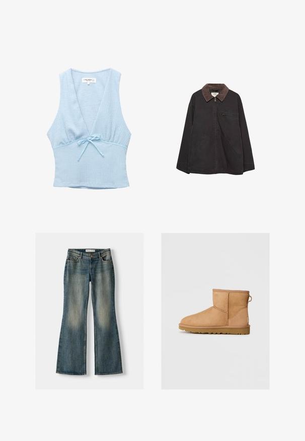 Tmavá, měkká bunda s koženým límcem, zapínáním na zip, dvěma předními kapsami a kapsou na zip na hrudi. Má volný střih.; Světle modrý crop top s texturovanou látkou, hlubokým V výstřihem a malou mašlí v oblasti pasu. Bezrukávový design s přiléhavým střihem.; Modré zvonové džíny se zesvětleným práním, pěti kapsami a zapínáním na knoflík. Materiál vykazuje denimovou strukturu s jemnými detaily šití.; Světlé semišové kotníkové boty s kulatou špičkou, prošívanými detaily, poutkem vzadu a texturovanou gumovou podrážkou. Navrženo pro pohodlí a teplo.