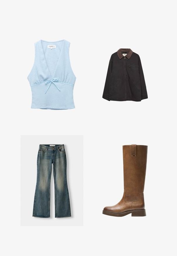 Giacca scura e morbida con colletto in corduroy, chiusura con zip, due tasche anteriori e tasca sul petto con zip. Presenta un design a vestibilità rilassata.; Top corto azzurro chiaro in tessuto strutturato, con scollatura a V profonda e un piccolo fiocco in vita. Design senza maniche con una forma aderente.; Jeans flare blu con lavaggio sbiadito, cinque tasche e chiusura con bottone. Il materiale presenta una trama in denim con dettagli di cucitura sottili.; Stivale marrone in pelle alto fino al ginocchio, con punta tonda, superficie testurizzata e tacco basso impilato. Presenta un pannello laterale e una linguetta di apertura in cima.