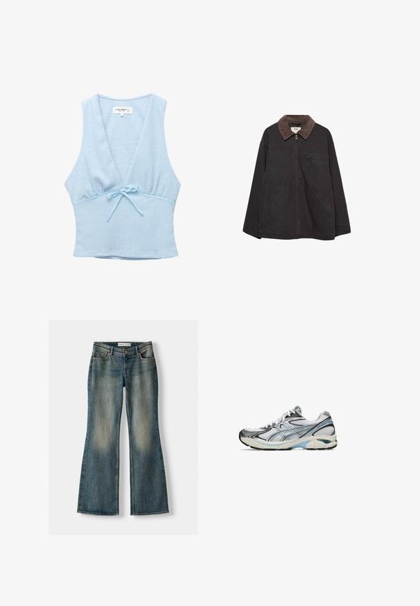 Tumma, pehmeä takki, jossa on samettikaulus, vetoketjukiinnitys, kaksi etutaskua ja vetoketjullinen rintatasku. Ominaisuuksiin kuuluu rento istuvuus.; Vaaleansininen lyhyt yläosa, jossa on teksturoitu kangas, syvä V-muotoinen kaula-aukko ja pieni solmuseikka vyötäröllä. Olkaimeton muotoilu ja istuva leikkaus.; Siniset leveälahkeiset farkut, joissa on haalistunut pesu, viisi taskua ja nappikiinnitys. Materiaalissa on farkkukangas, jossa on hienovaraisia ompeluyksityiskohtia.; Juoksukengät, joissa on vaalea ja harmaa verkkomateriaalipinta, mustilla yksityiskohdilla ja sinisillä raidoilla. Paksu pohja, jossa on kuminen pito. Kevyt muotoilu.