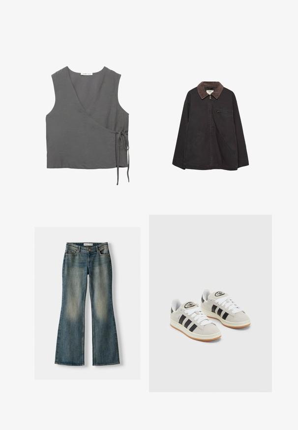 Giacca scura e morbida con colletto in corduroy, chiusura con zip, due tasche anteriori e tasca sul petto con zip. Presenta un design a vestibilità rilassata.; Top grigio senza maniche, realizzato in tessuto leggero, con scollo a V e un dettaglio a cravatta sul lato. Tessuto liscio, design semplice.; Jeans flare blu con lavaggio sbiadito, cinque tasche e chiusura con bottone. Il materiale presenta una trama in denim con dettagli di cucitura sottili.; Sneakers in suede grigio con lacci bianchi, strisce nere e suola in gomma bianca. Presentano un logo circolare sulla linguetta e una suola in gomma.
